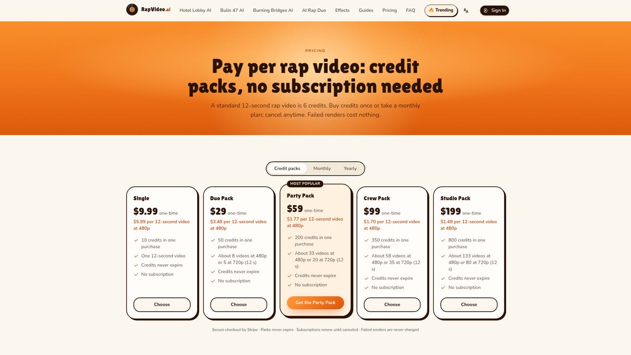 RapVideo.ai — Set video settings and check pricing