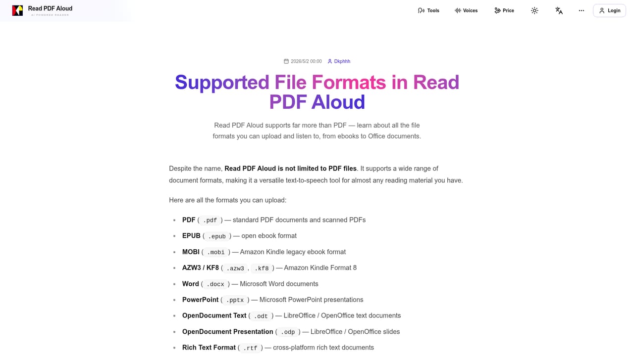 ReadPDFAloud.com — Check which formats and languages fit your file