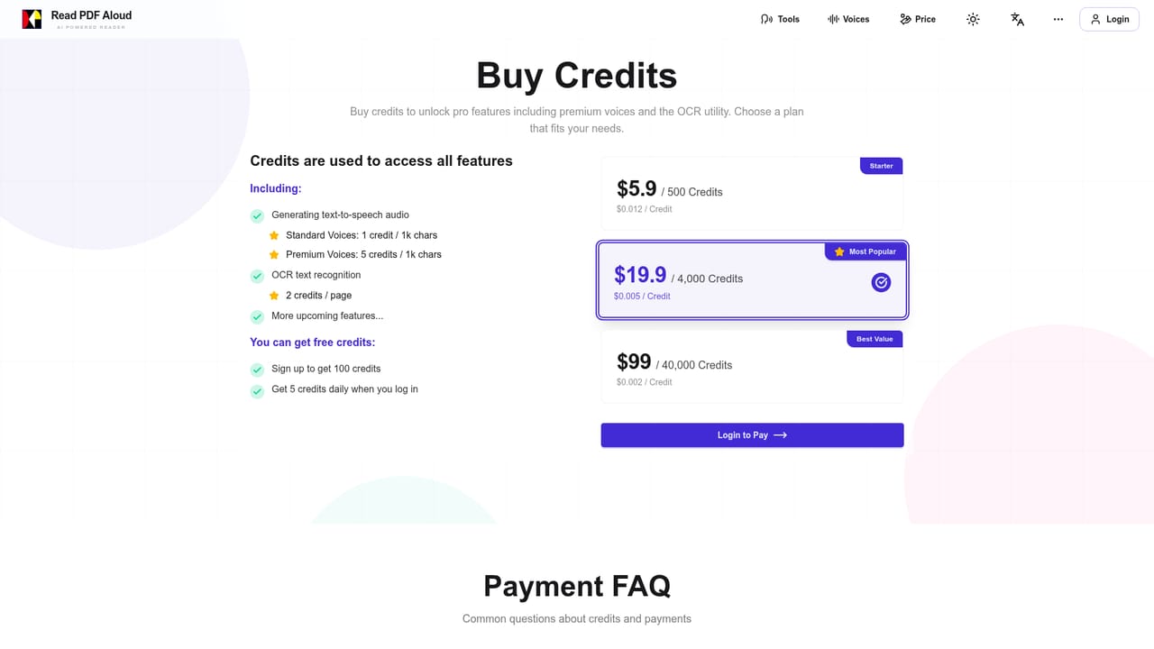 ReadPDFAloud.com — Manage credits