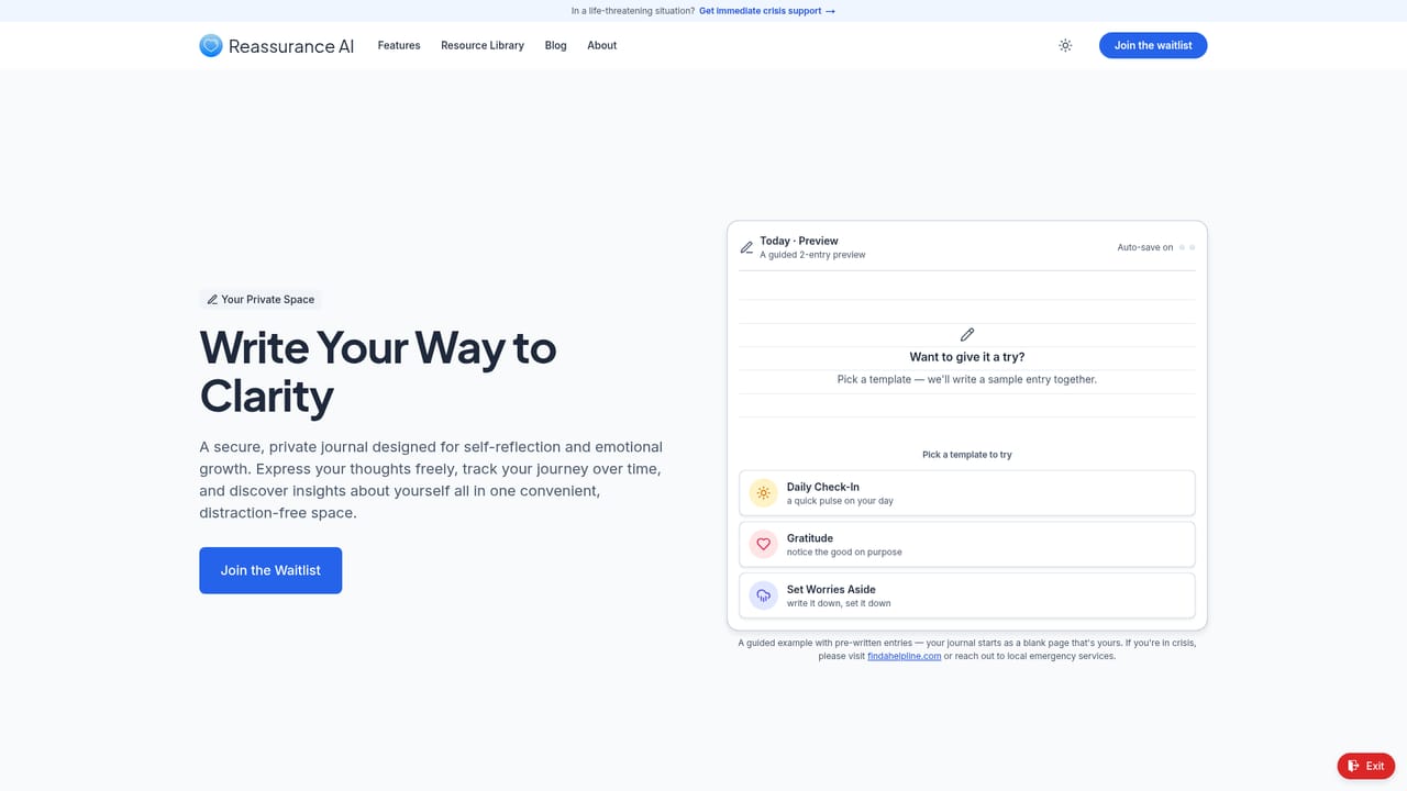 Reassurance AI — Look at the journal and emotions log previews