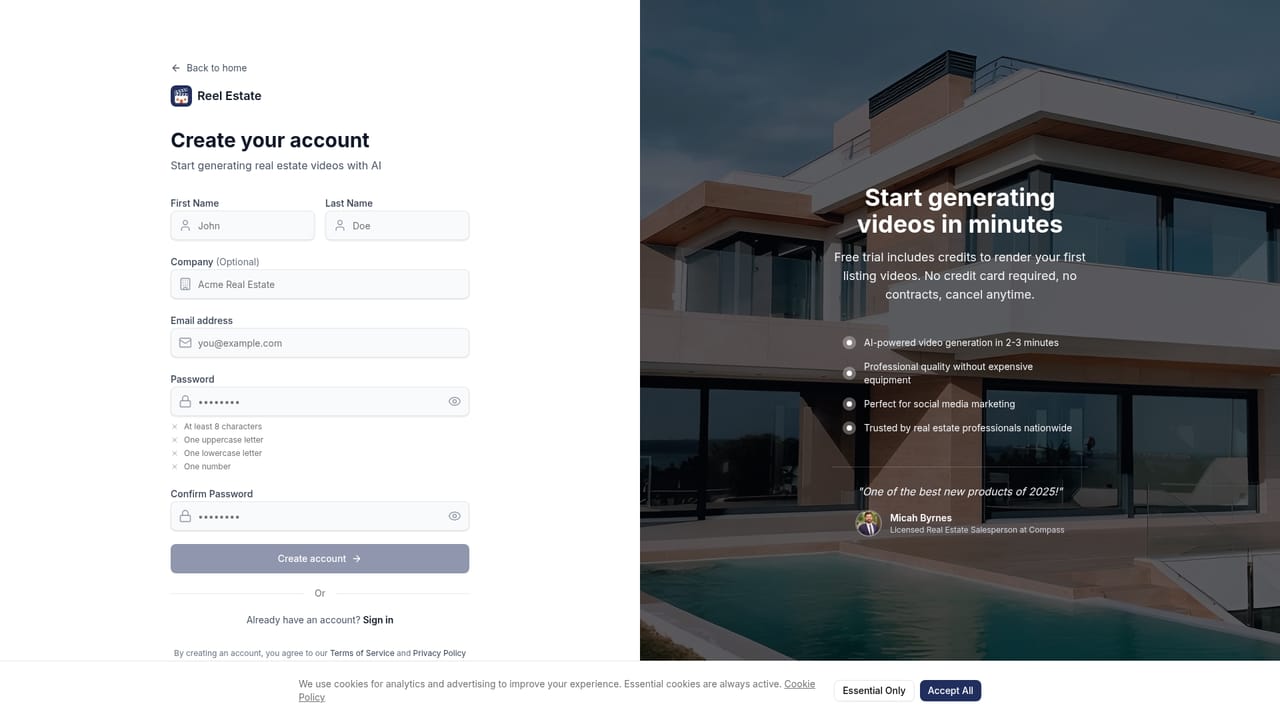 Reel Estate — Create an account