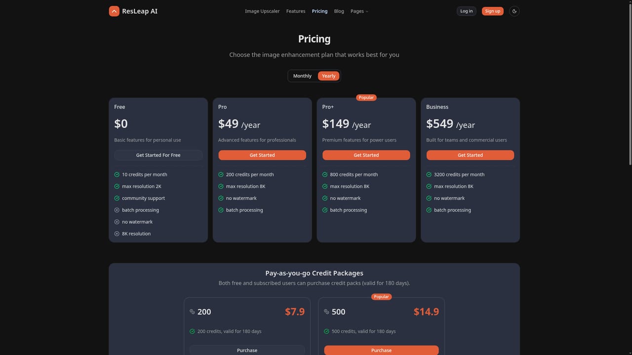 ResLeap — Check credit costs and upgrade if needed