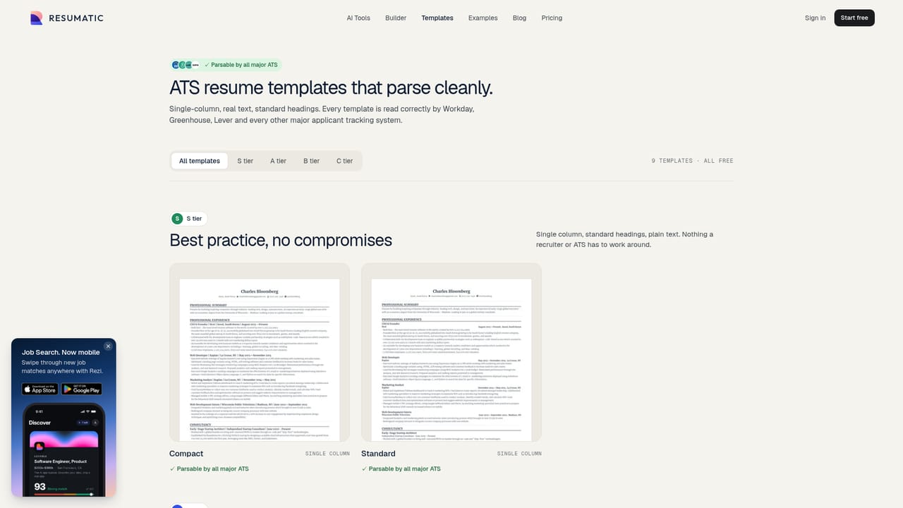 Resumatic — Pick an ATS safe template