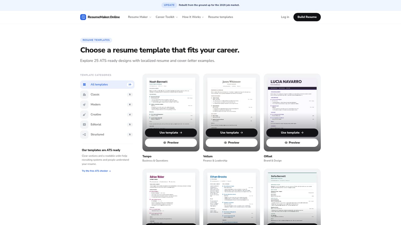ResumeMaker.Online — Open the editor and pick a starting point