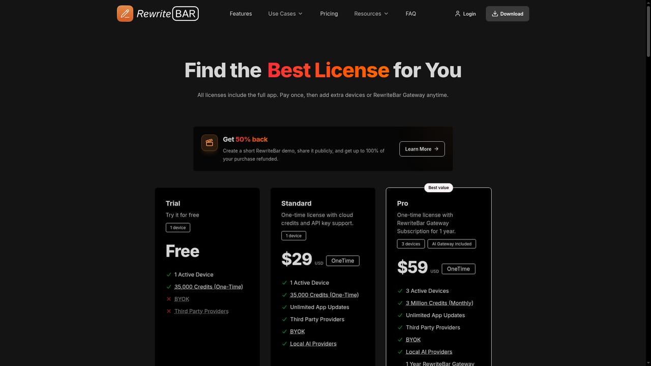 RewriteBar — Buy a license when the trial ends