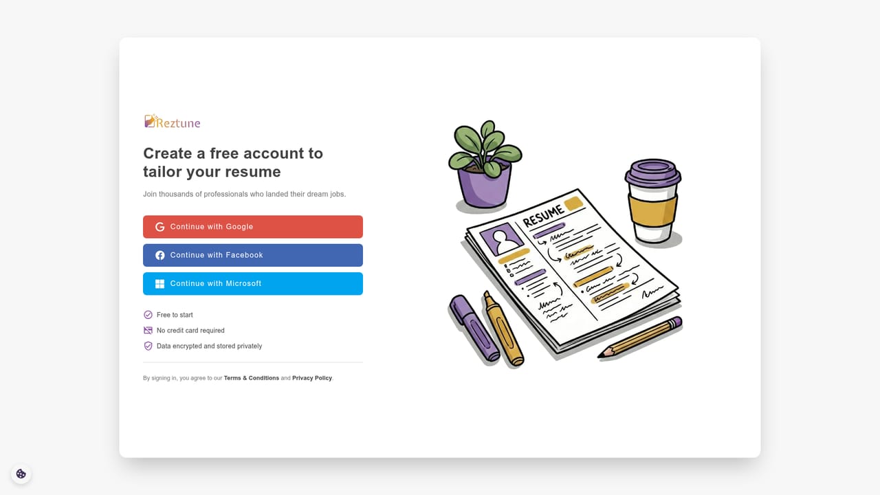 Reztune — Create your account and start with a resume