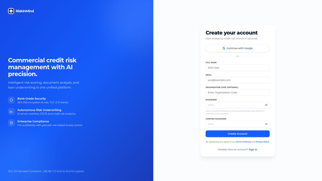 RiskInMind AI — Create your account