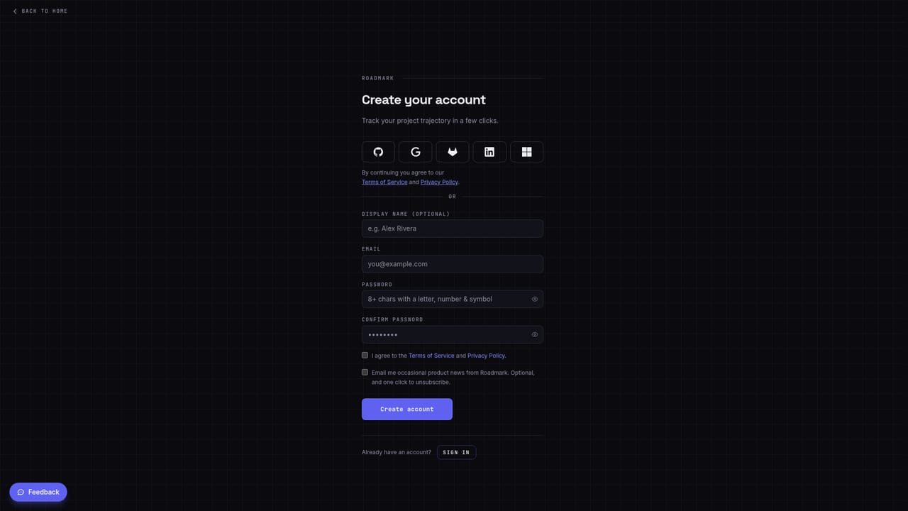 Roadmark — Create your free account