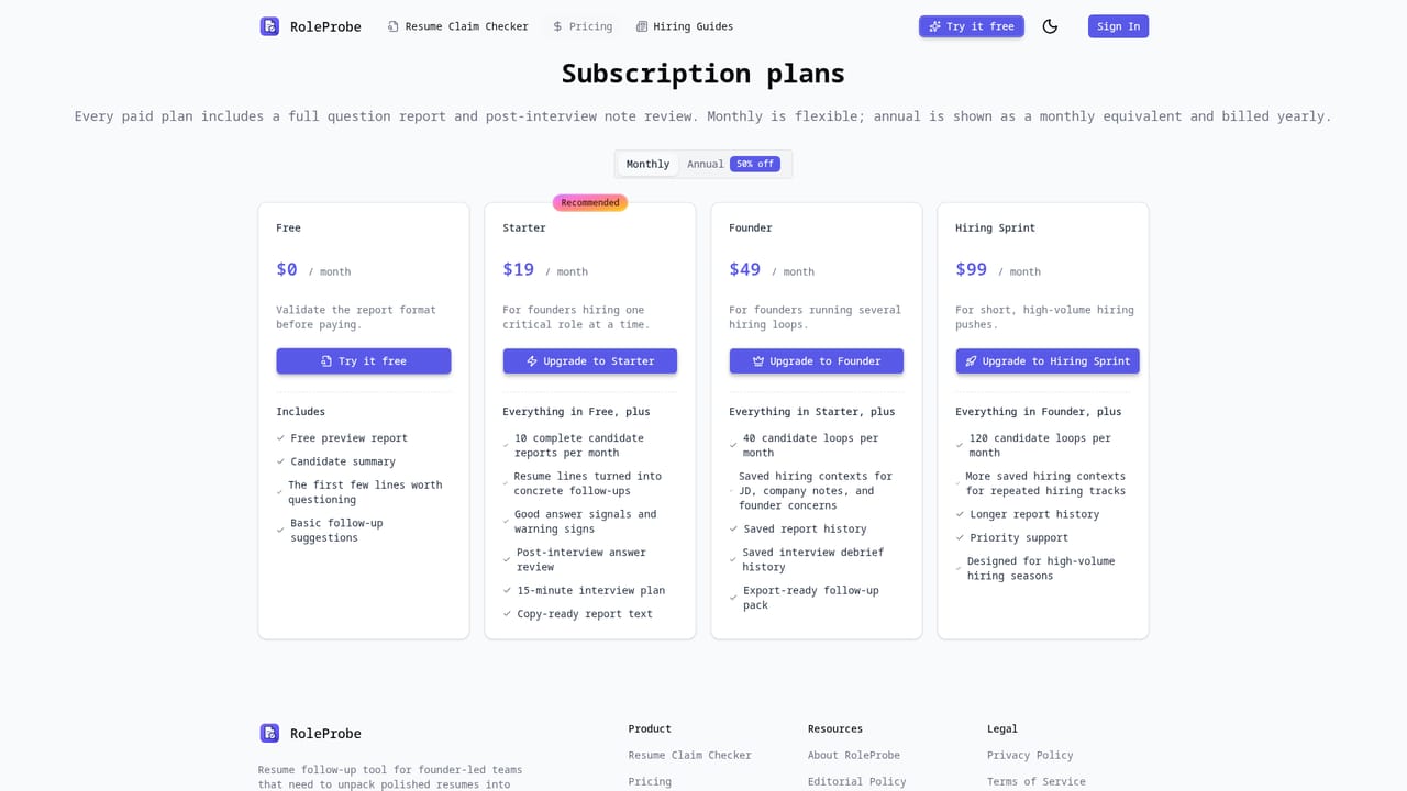 RoleProbe — Compare plans for more reports