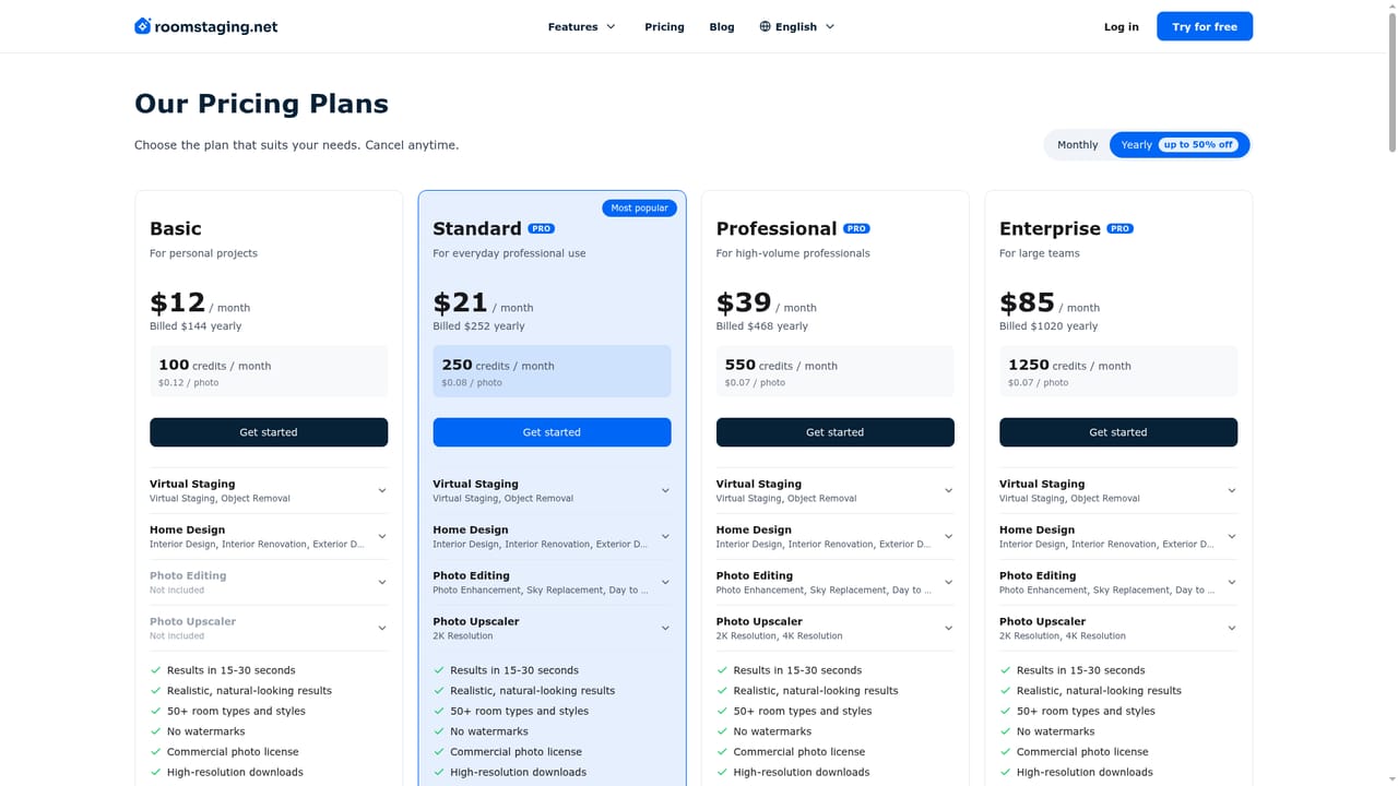 RoomStaging — Compare plans before scaling up