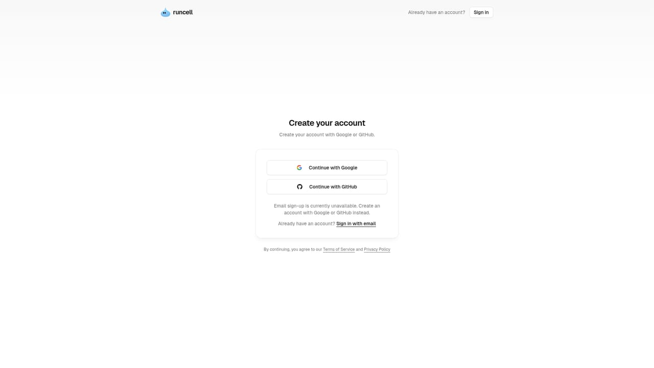 Runcell — Create an account and sign in