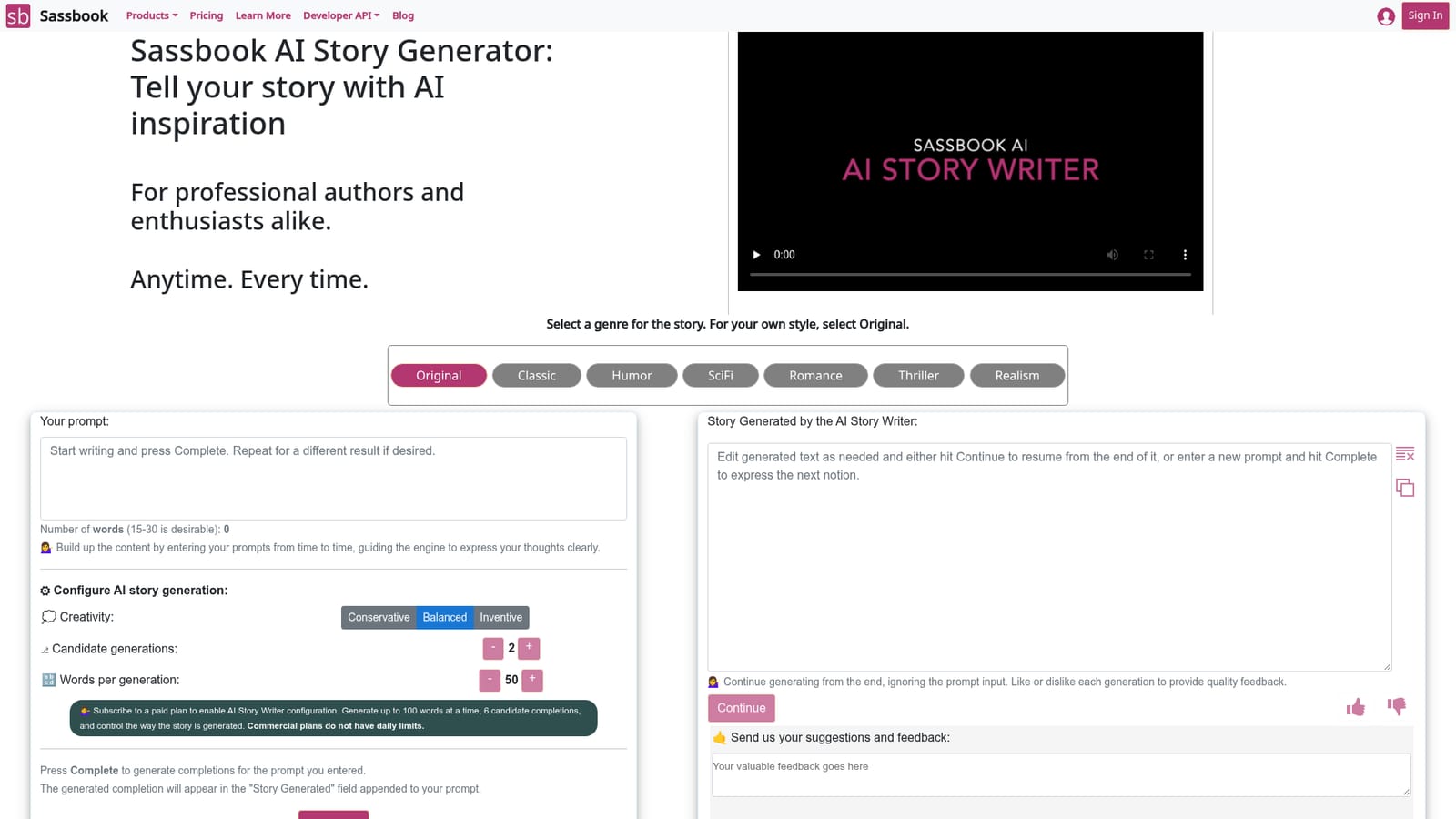 Sassbook AI Story generator — Pick a genre for the story