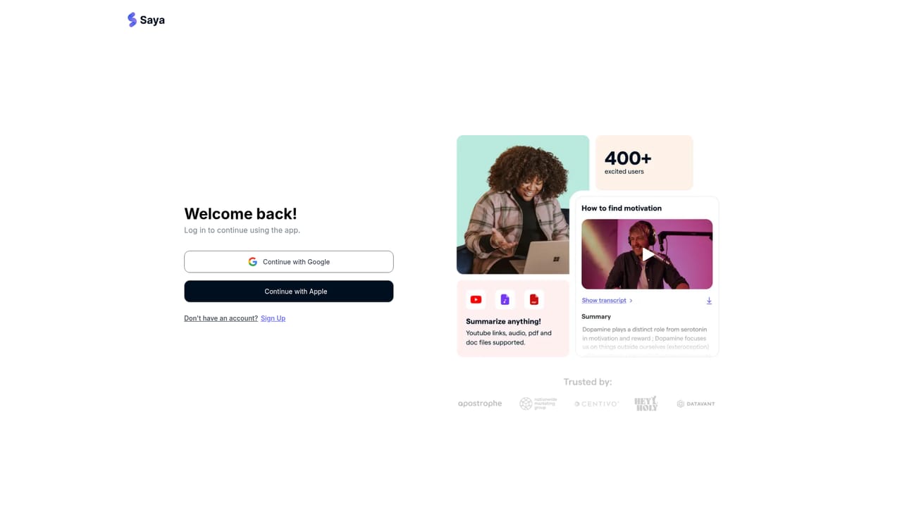 Saya — Create an account and start the free trial
