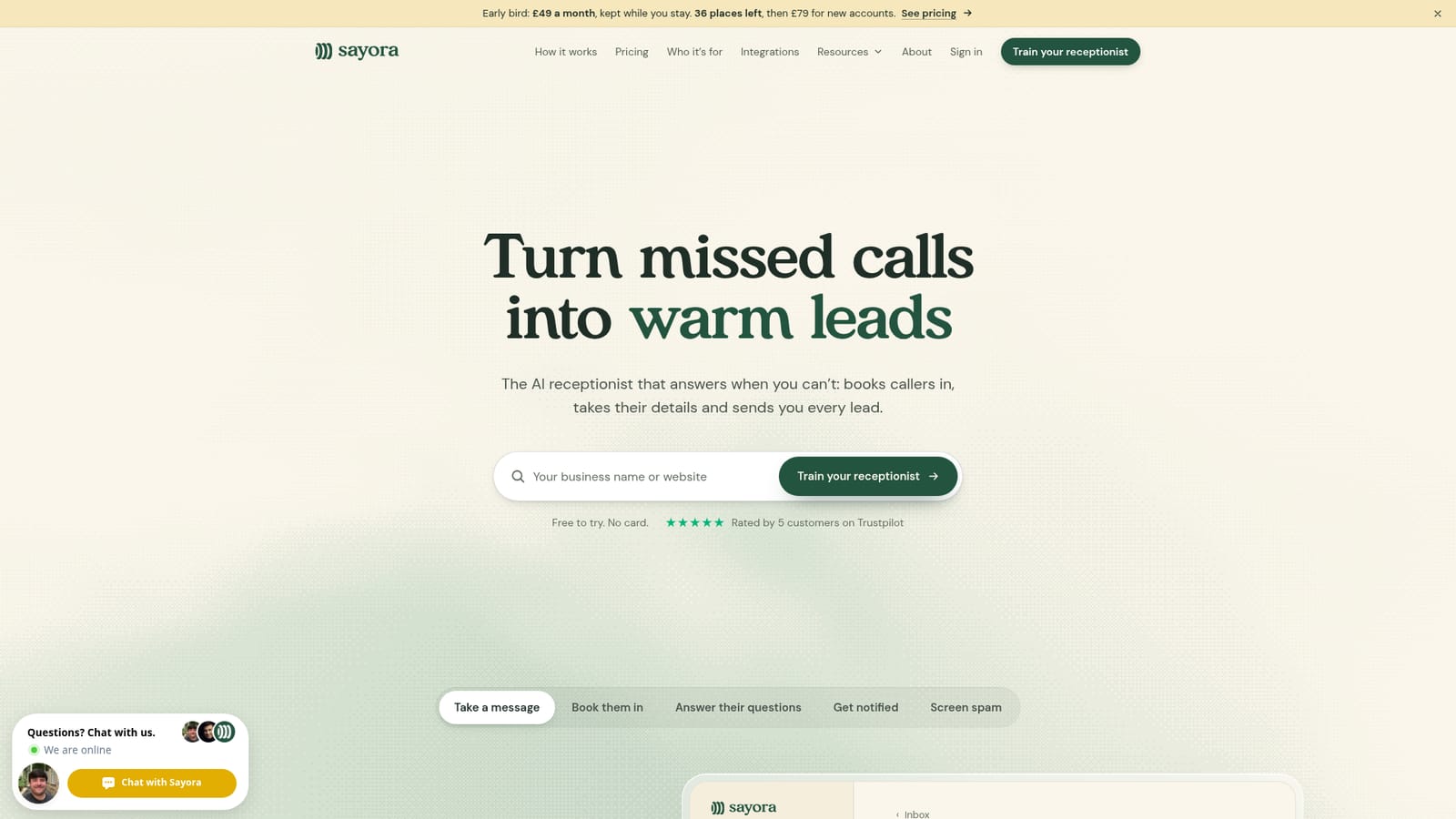 Sayora — Build a draft receptionist from your website