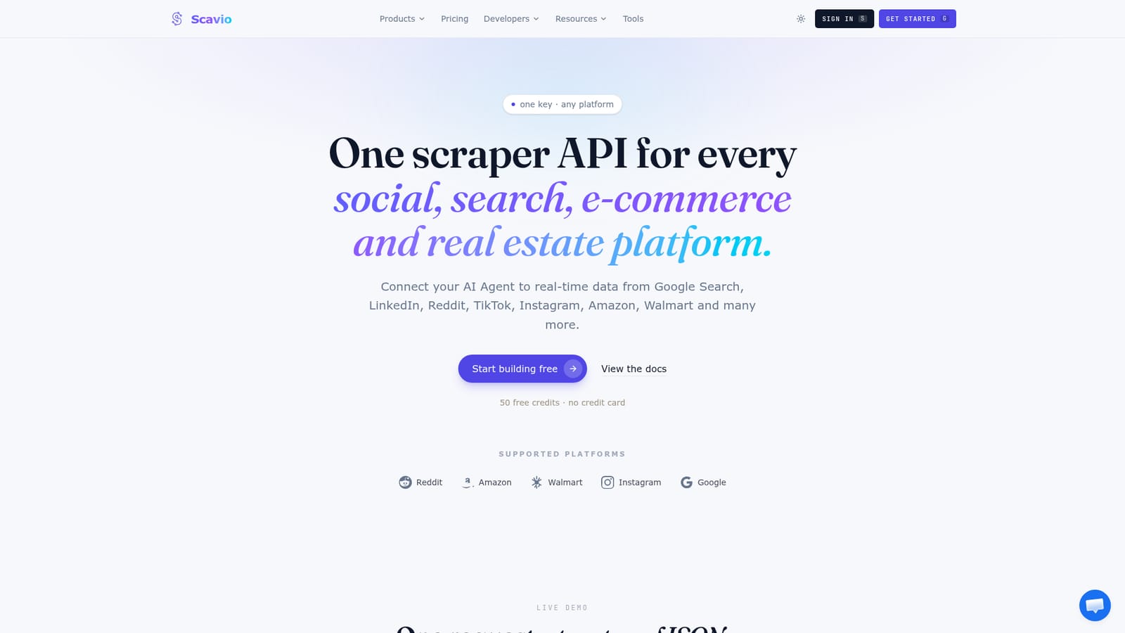 Scavio AI — Sign up and get your free credits