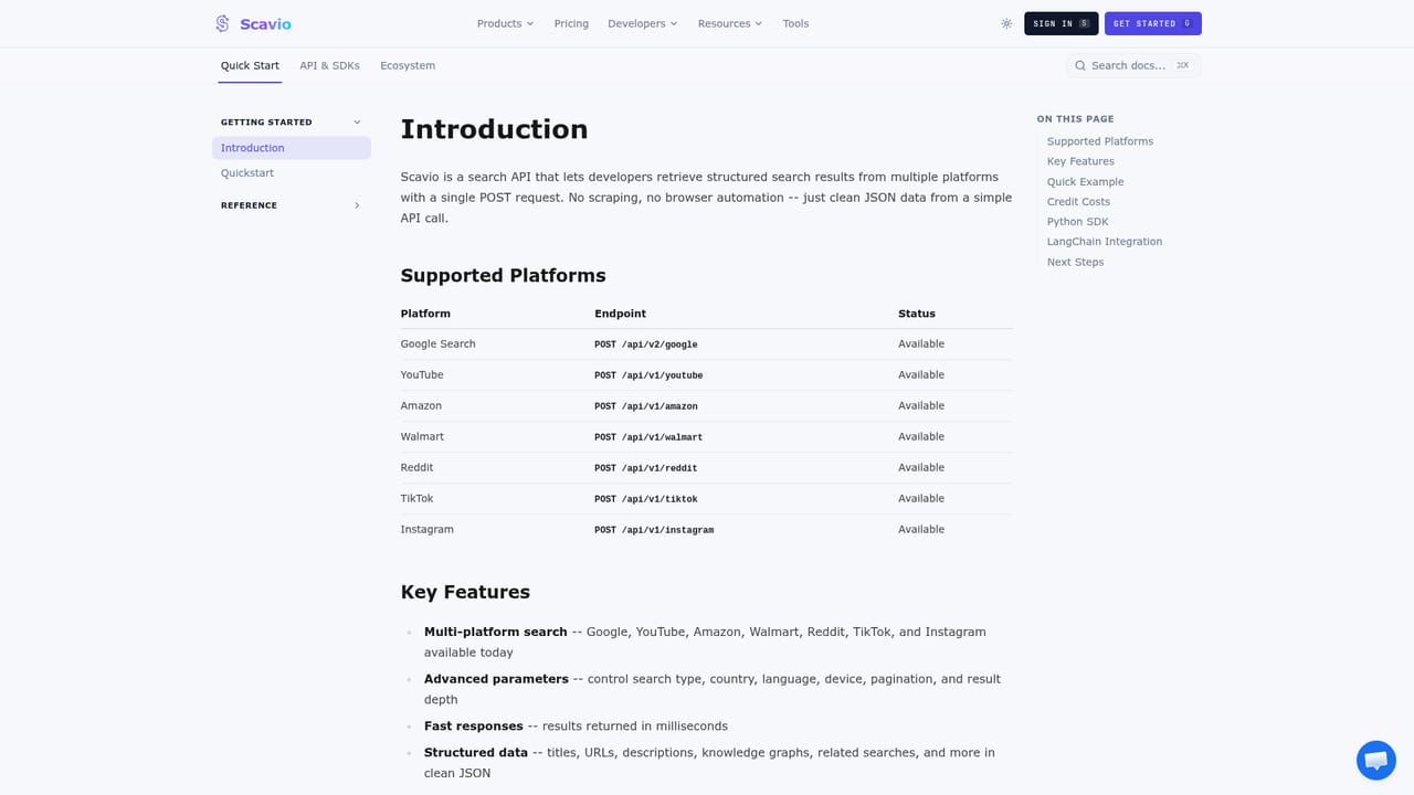 Scavio AI — Read the API introduction