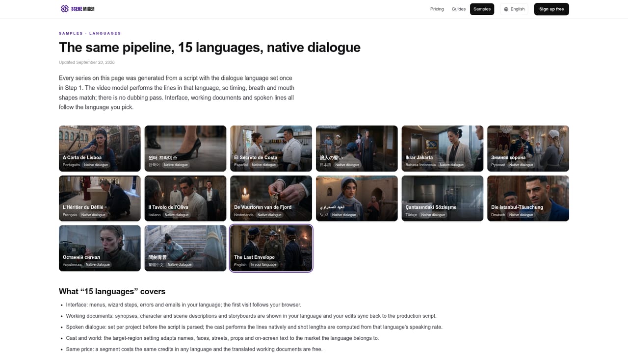 SceneMixer — Pick a language and compile the episode