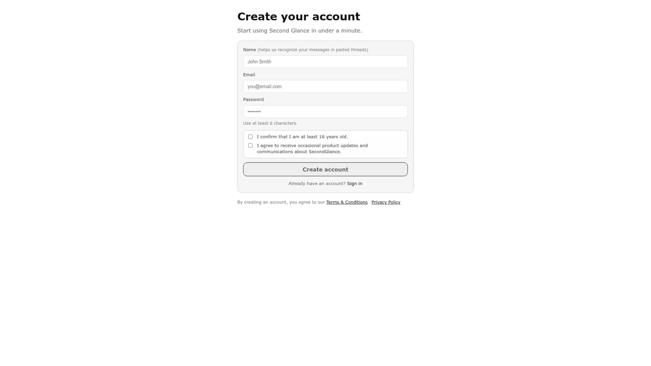 Second Glance — Create a free account