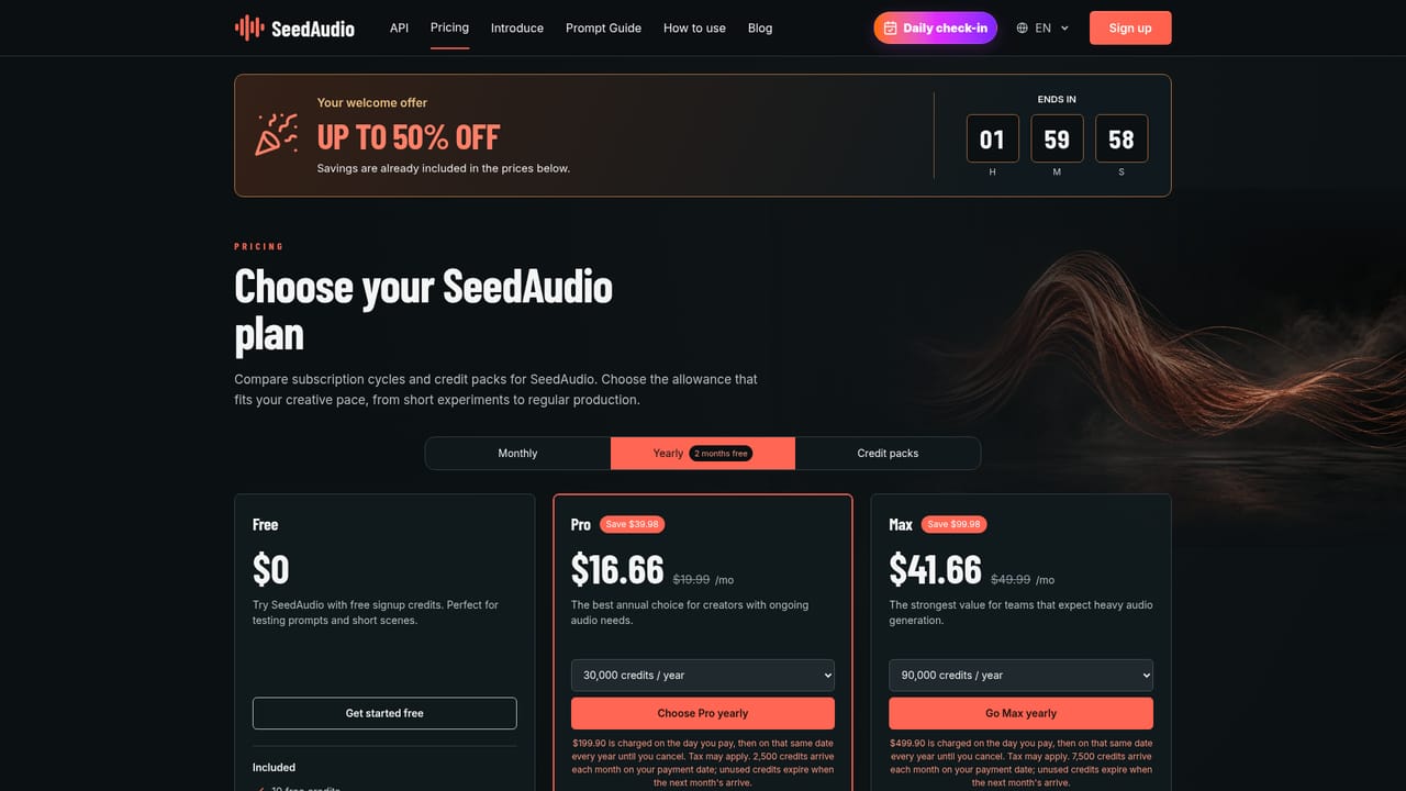 SeedAudio — Upgrade for longer scenes and API access