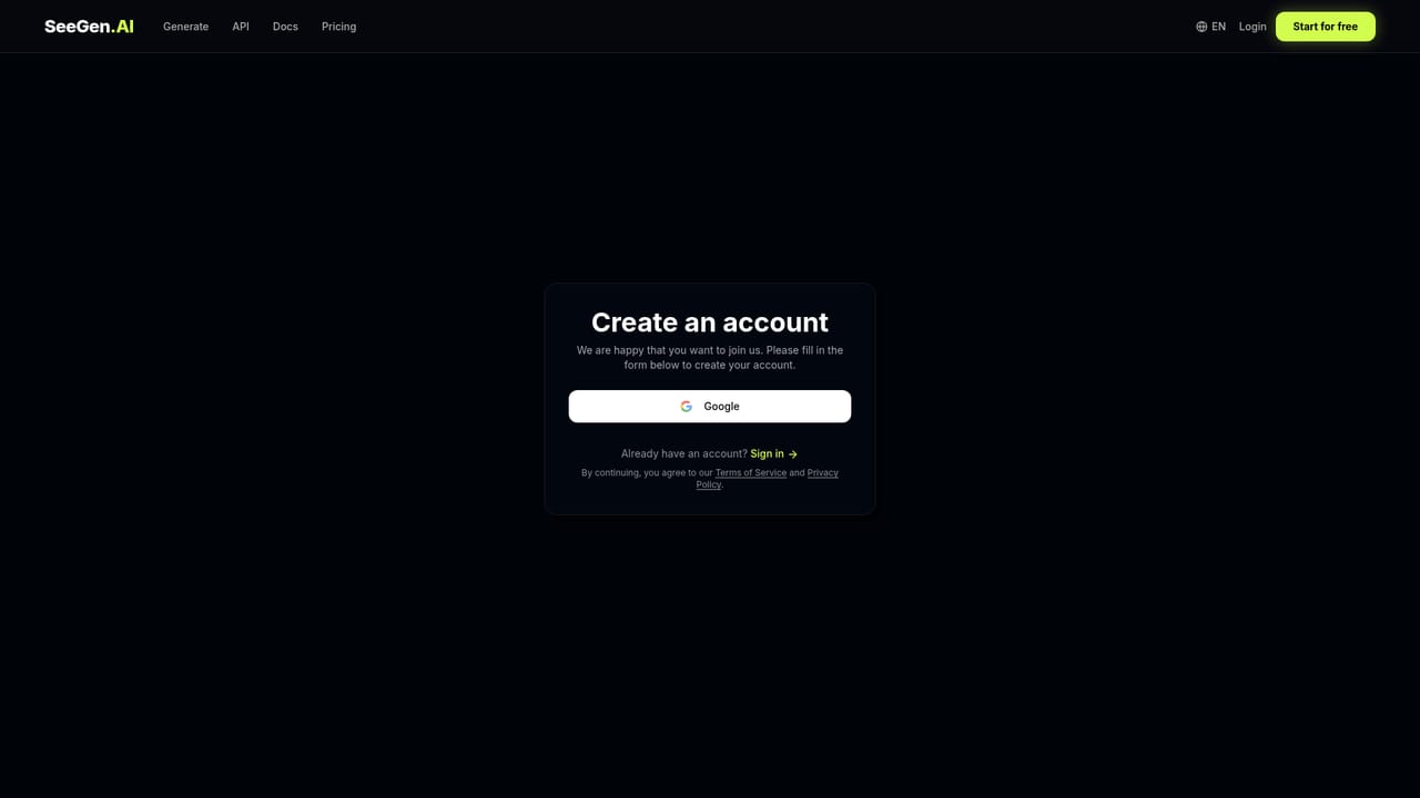 SeeGen AI — Create an account