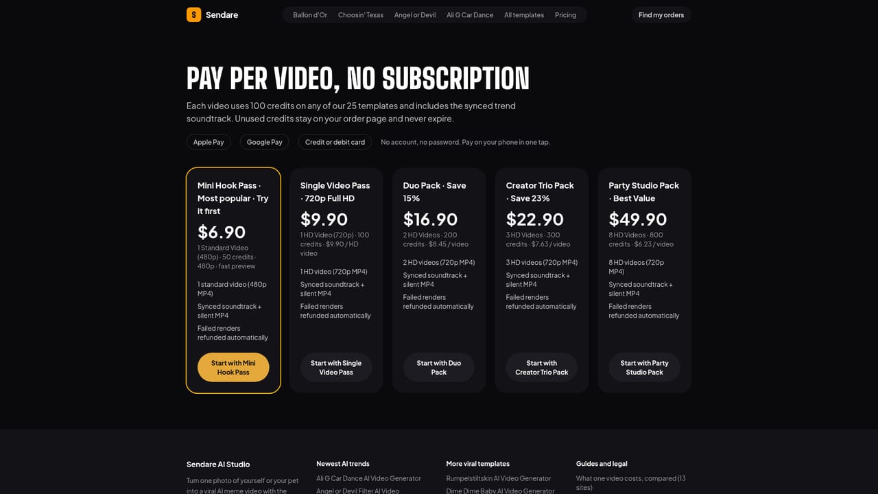 Sendare AI Studio — Choose a video pass