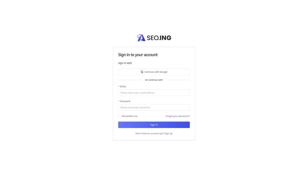 SEO.ING — Create an account and open the dashboard