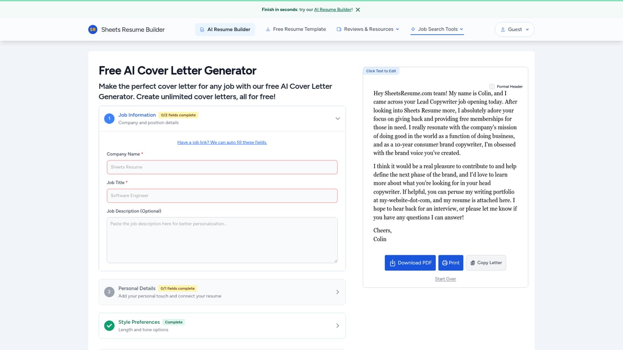 SheetsResume — Add a cover letter and practice interviews