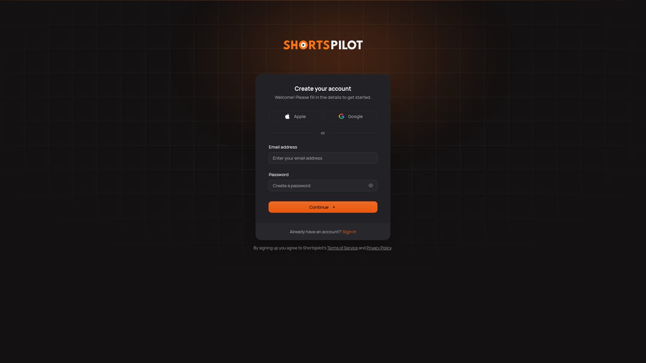 Shortspilot AI — Create an account