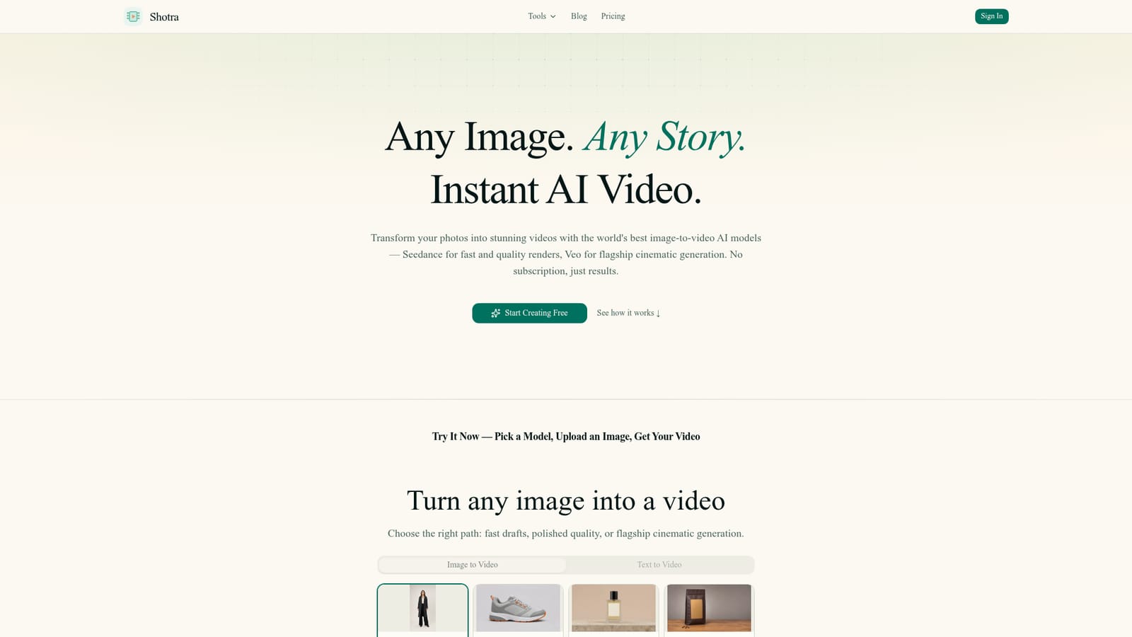 Shotra — Upload an image or switch to text to video