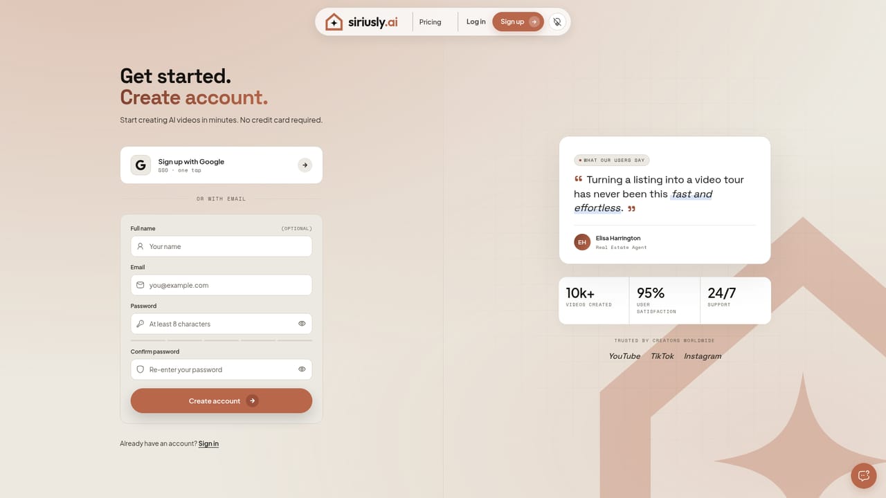 siriusly.ai — Create an account
