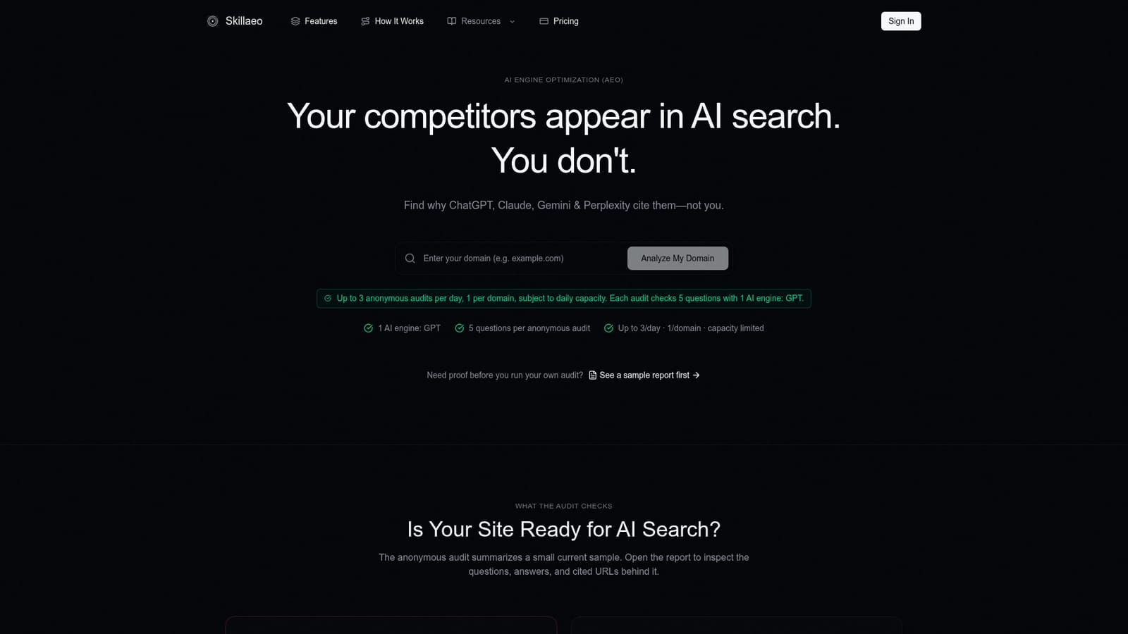 Skillaeo — Submit your domain for an anonymous audit