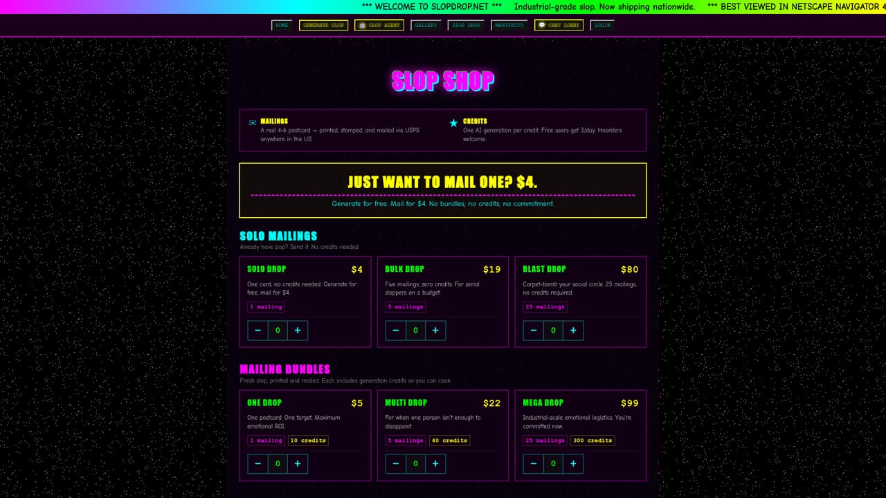 SLOPDROP.NET — Mail it or buy credits
