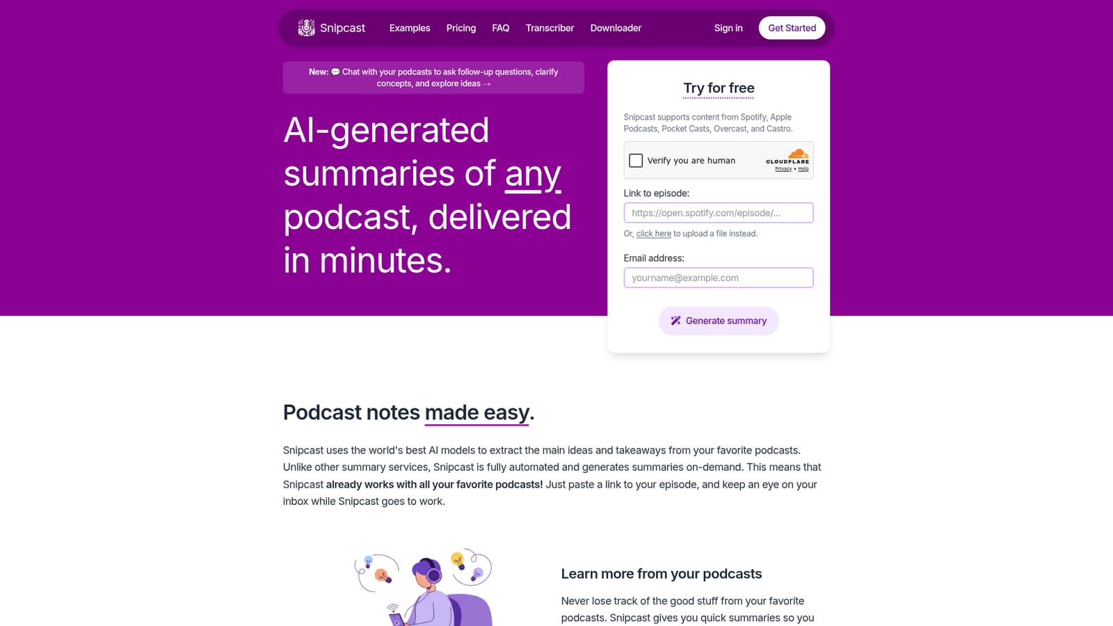 Snipcast — Paste an episode link or upload a file