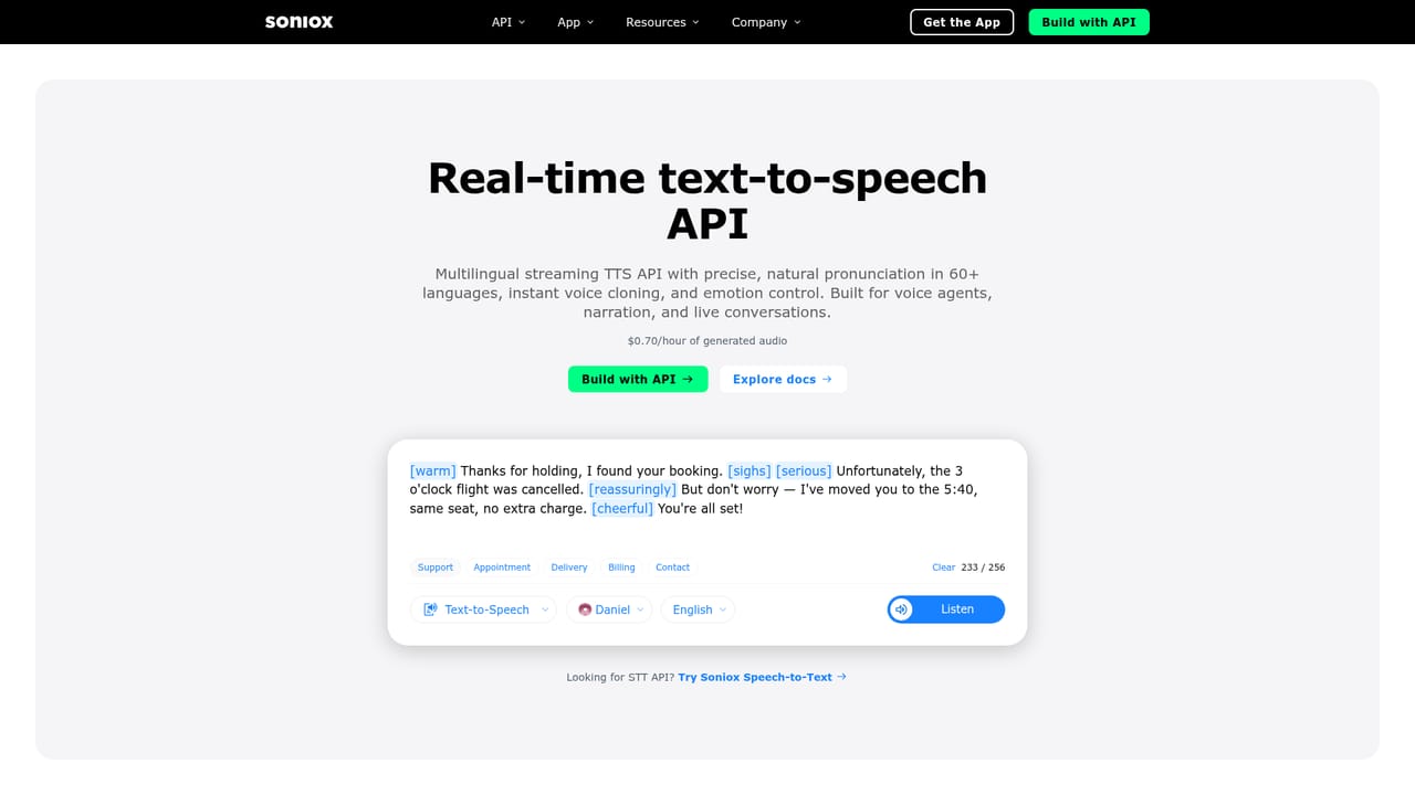 Soniox Speech-to-Text AI — Try the text-to-speech voice controls