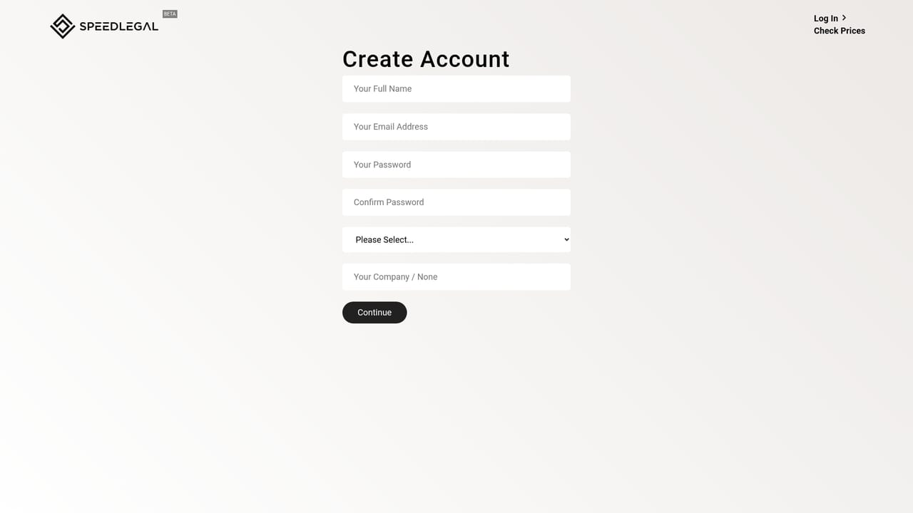 SpeedLegal — Create an account on the registration page