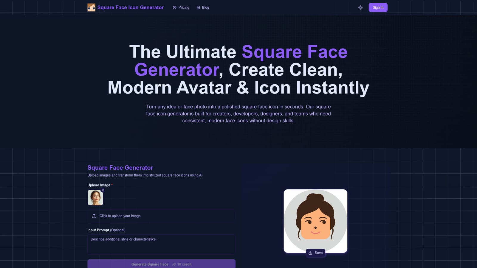 Square Face Icon Generator — Open the generator and log in