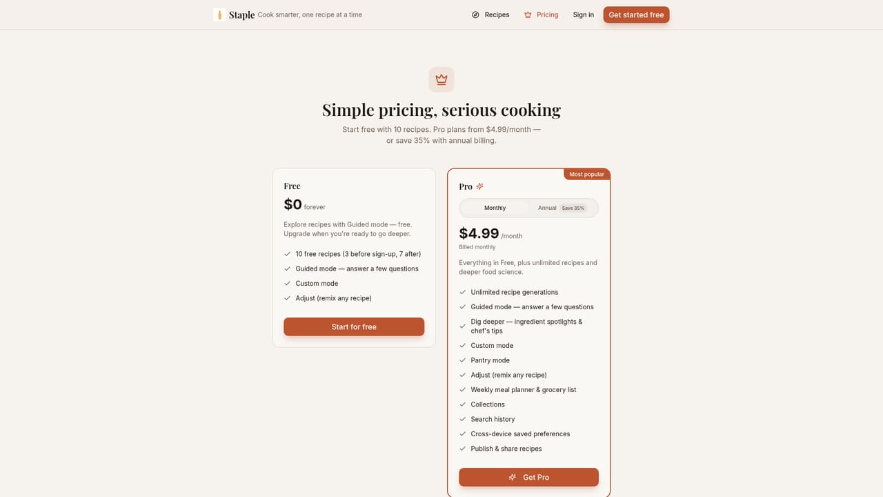 Staple — Compare plans if you need more recipes