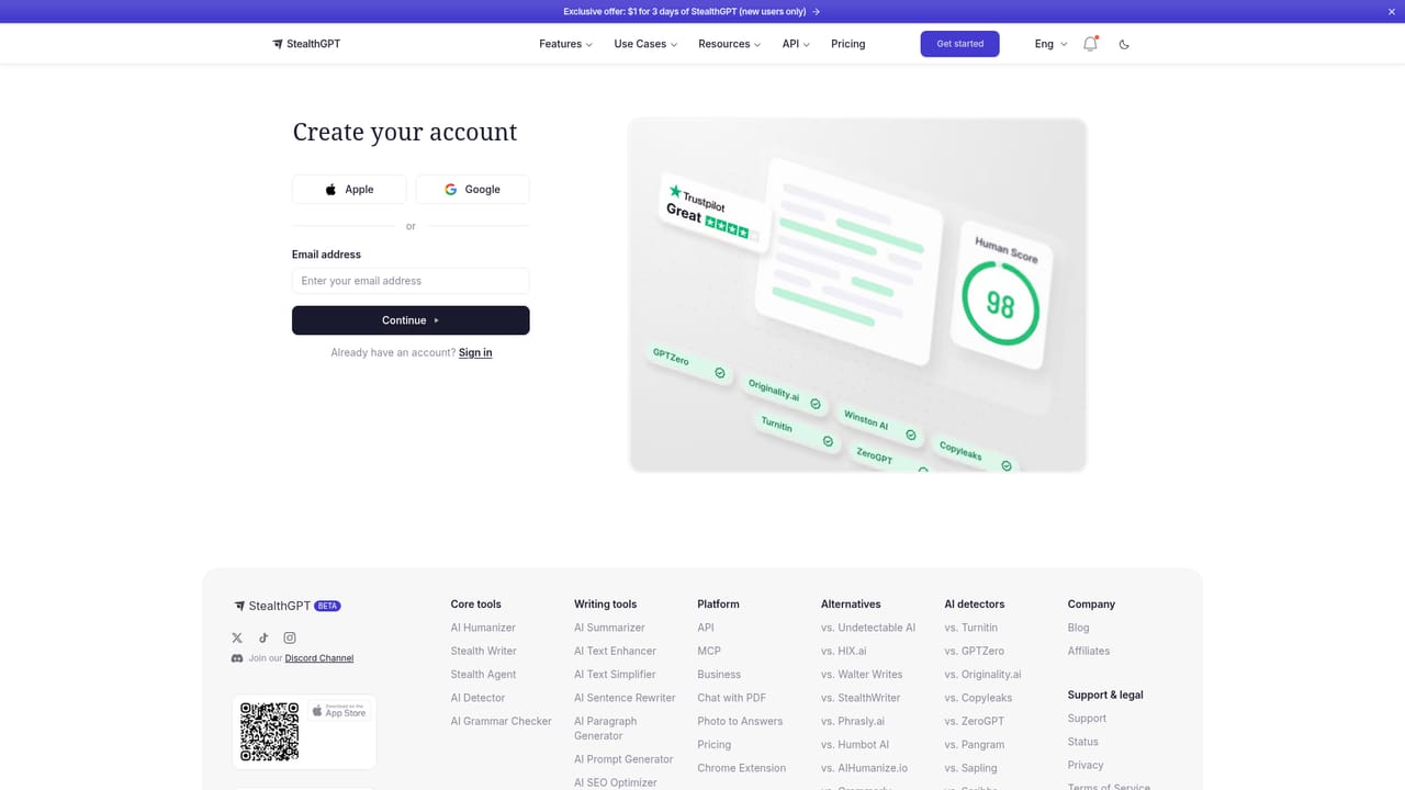 StealthGPT — Create an account and pick a plan