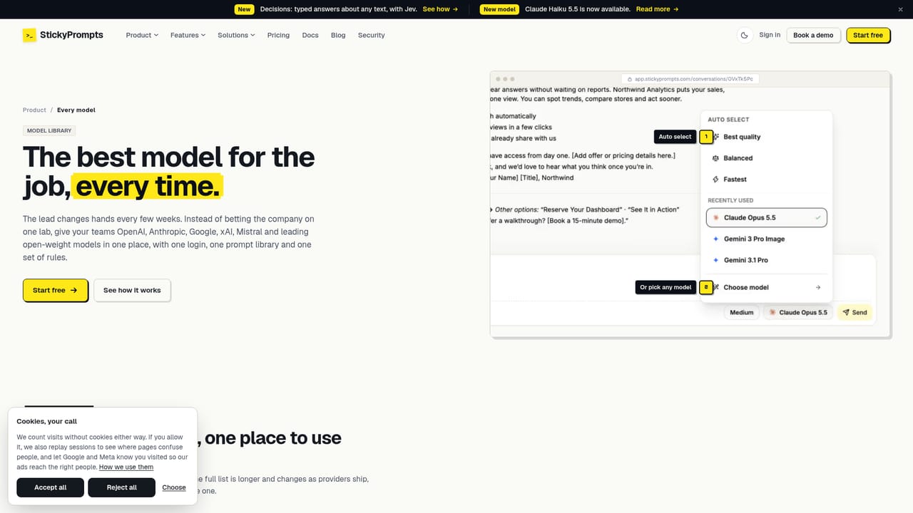 StickyPrompts — Pick a model or leave it to auto-select