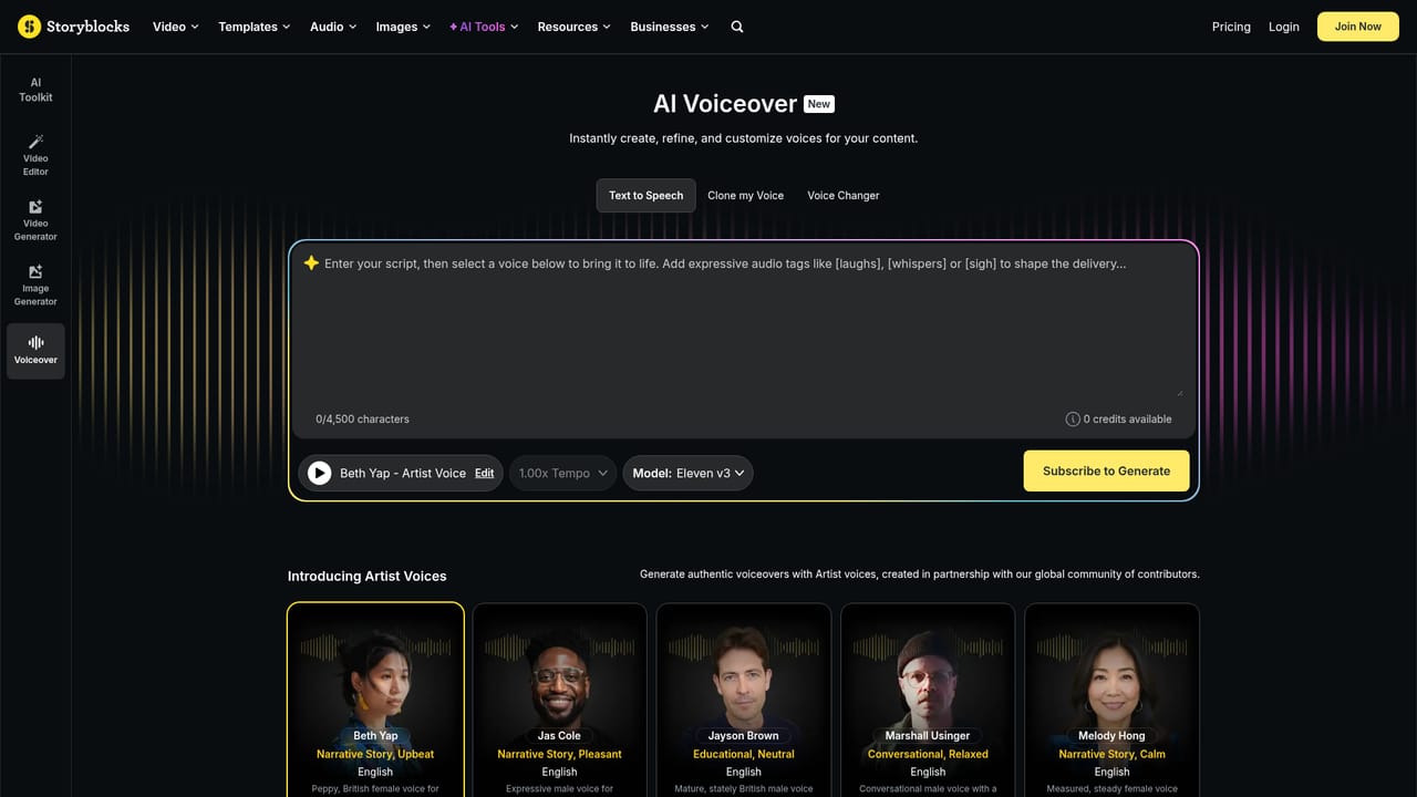 Storyblocks TTS — Open the Text to Speech studio