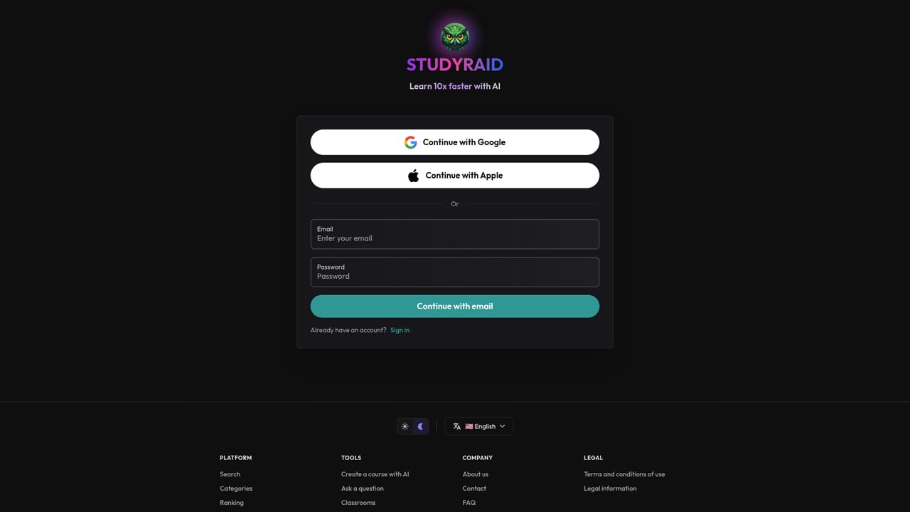 StudyRaid — Open StudyRaid and pick a sign-in method