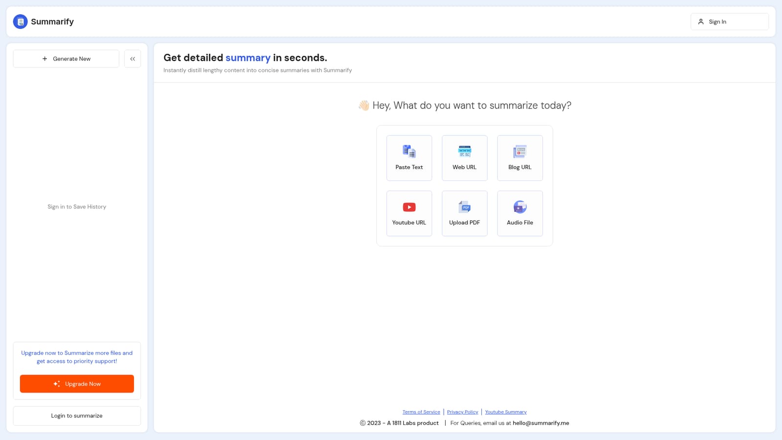 Summarify.me — Pick the input type that matches your content