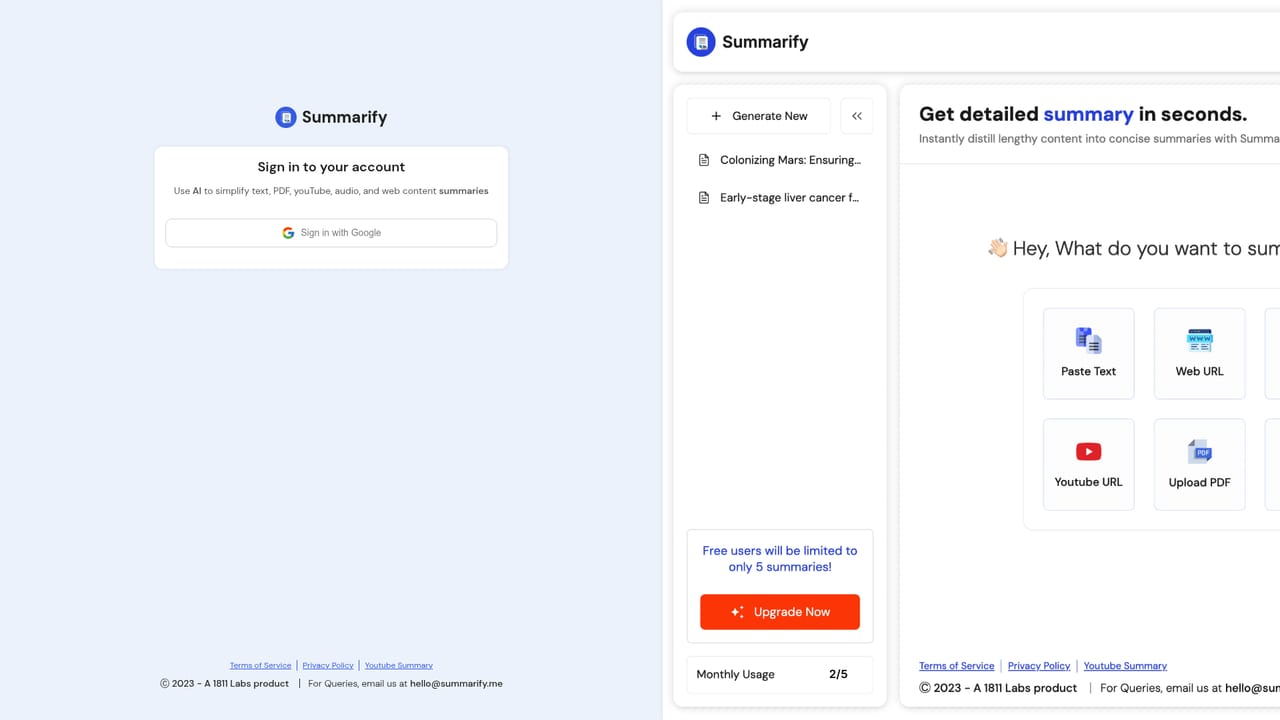 Summarify.me — Create an account to keep your history