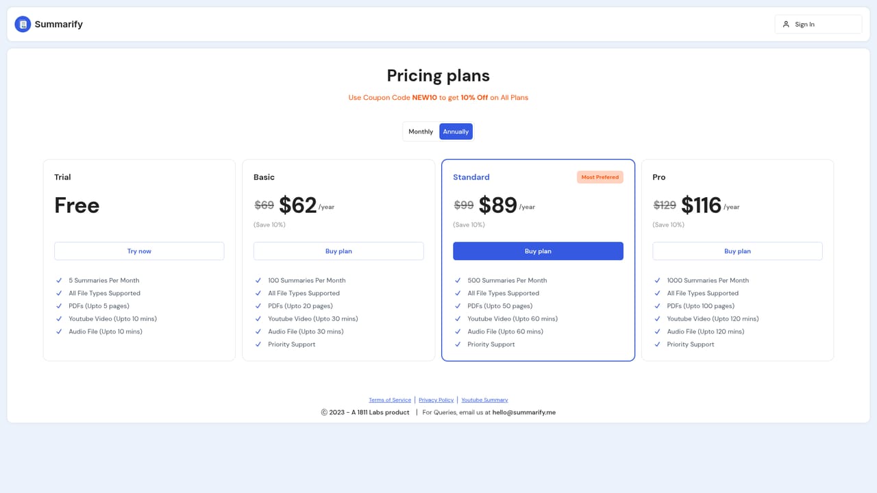 Summarify.me — Check plan options if you need more volume