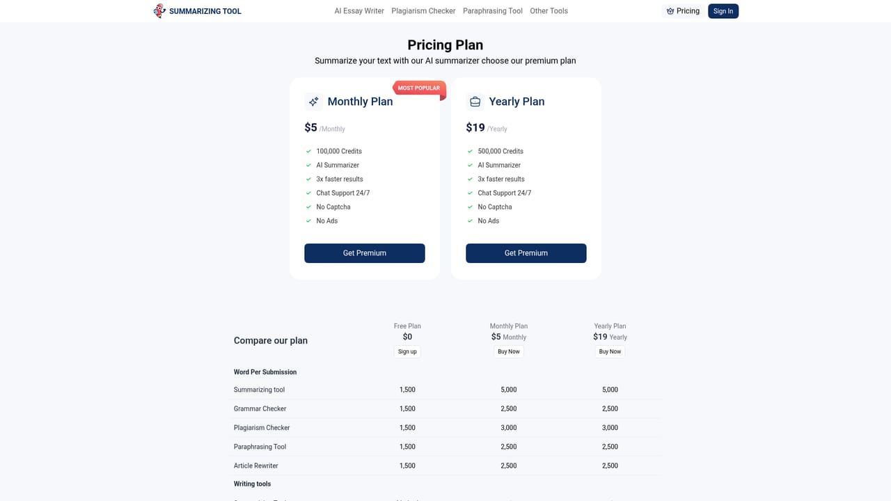 Summarizing Tool — Move to a paid plan if you hit the word ceiling