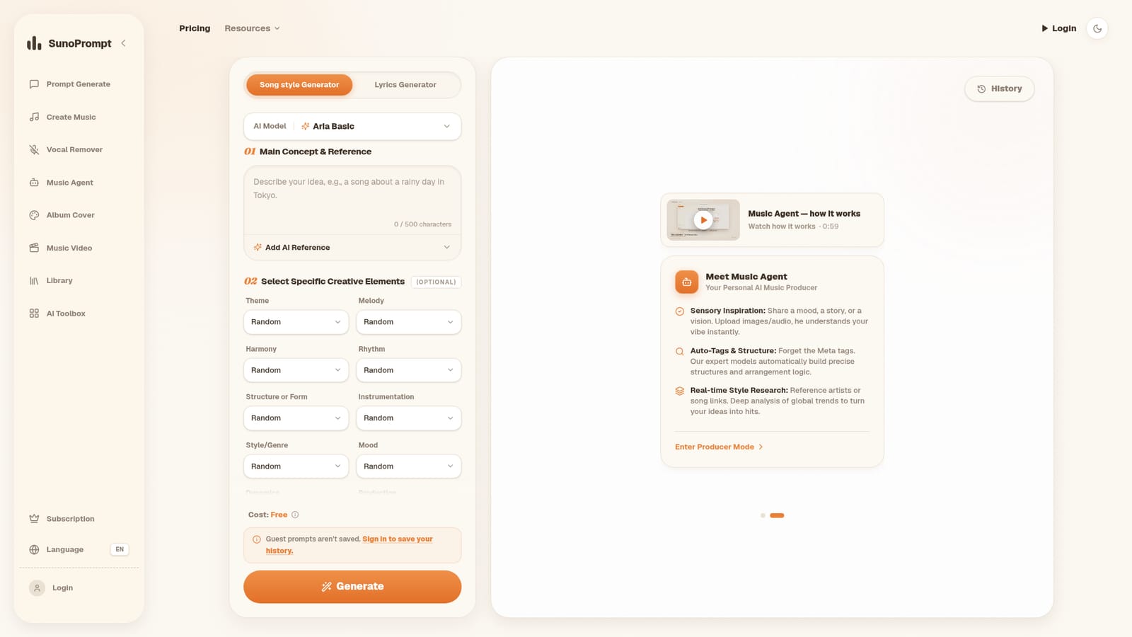 Suno Prompt — Draft a prompt with the creative controls