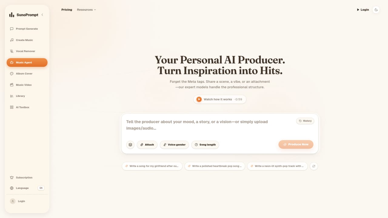 Suno Prompt — Try the Music Agent for multimodal input