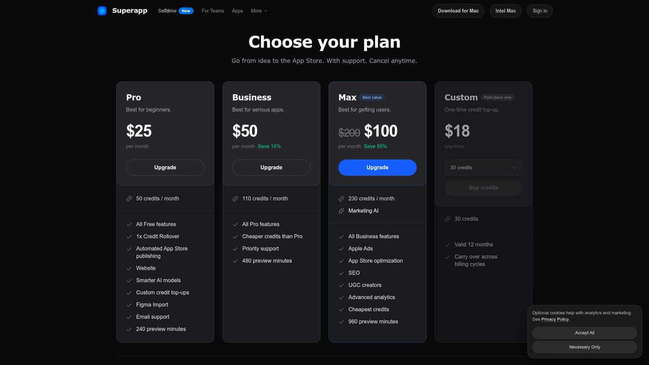 Superapp — Pick a plan and credits