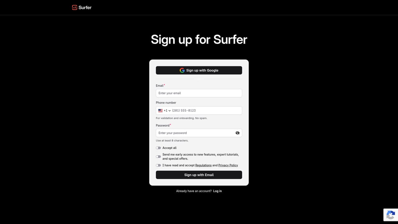 SurferSEO — Create an account and open the platform