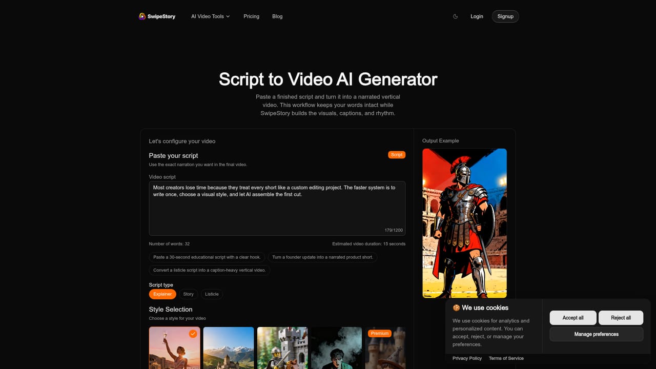 SwipeStory AI — Generate or supply a script